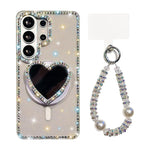 Custodia magnetica per telefono con ciondolo a forma di cuore scintillante IMD e cinturino, For Samsung Galaxy S26+ 5G, For Samsung Galaxy S26 Ultra 5G, For Samsung Galaxy S26 5G, For Samsung Galaxy S25 5G