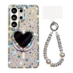 Custodia magnetica per telefono con ciondolo a forma di cuore scintillante IMD e cinturino, For Samsung Galaxy S26+ 5G, For Samsung Galaxy S26 Ultra 5G, For Samsung Galaxy S26 5G, For Samsung Galaxy S25 5G