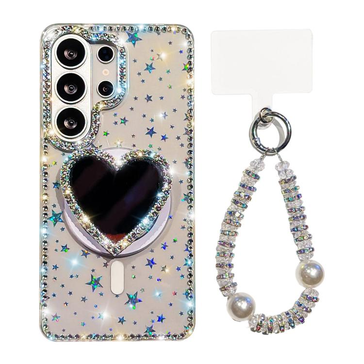 Custodia magnetica per telefono con ciondolo a forma di cuore scintillante IMD e cinturino, For Samsung Galaxy S26+ 5G, For Samsung Galaxy S26 Ultra 5G, For Samsung Galaxy S26 5G, For Samsung Galaxy S25 5G