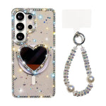 Custodia magnetica per telefono con ciondolo a forma di cuore scintillante IMD e cinturino, For Samsung Galaxy S26+ 5G, For Samsung Galaxy S26 Ultra 5G, For Samsung Galaxy S26 5G, For Samsung Galaxy S25 5G