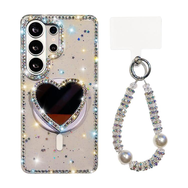 Custodia magnetica per telefono con ciondolo a forma di cuore scintillante IMD e cinturino, For Samsung Galaxy S26+ 5G, For Samsung Galaxy S26 Ultra 5G, For Samsung Galaxy S26 5G, For Samsung Galaxy S25 5G
