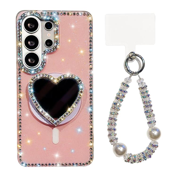 Custodia magnetica per telefono con ciondolo a forma di cuore scintillante IMD e cinturino, For Samsung Galaxy S26+ 5G, For Samsung Galaxy S26 Ultra 5G, For Samsung Galaxy S26 5G, For Samsung Galaxy S25 5G