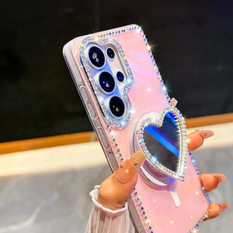 Custodia magnetica per telefono con ciondolo a forma di cuore scintillante IMD e cinturino, For Samsung Galaxy S25+ 5G, For Samsung Galaxy S25 Ultra 5G, For Samsung Galaxy S24 FE 5G, For Samsung Galaxy S24 Ultra 5G
