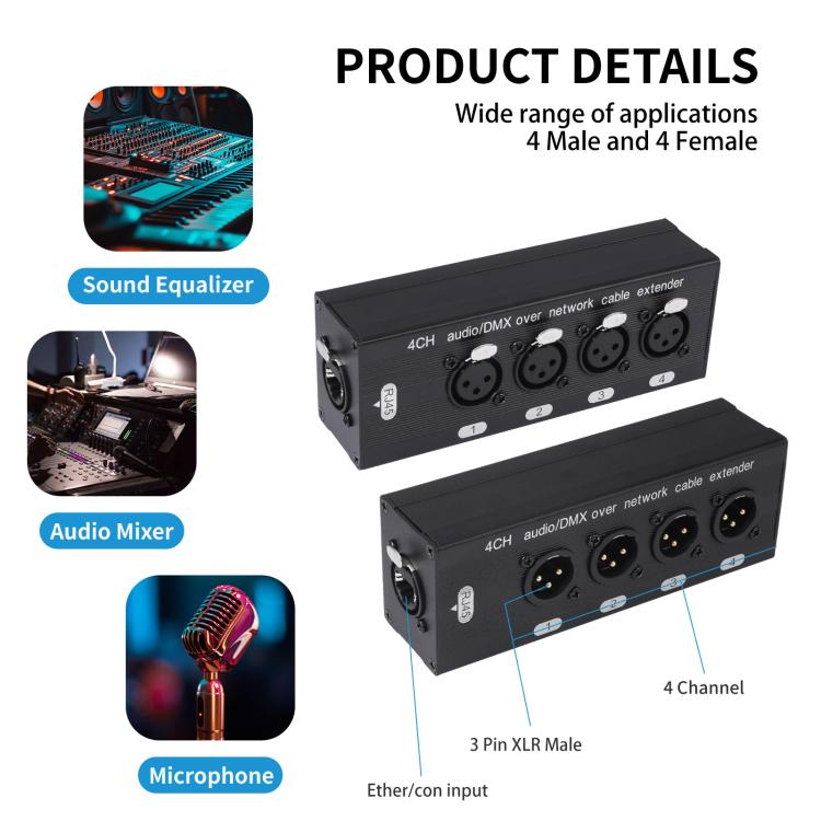 Splitter/Espansore a 4 canali XLR maschio-femmina, scatola di derivazione, estensione Ethernet RJ45