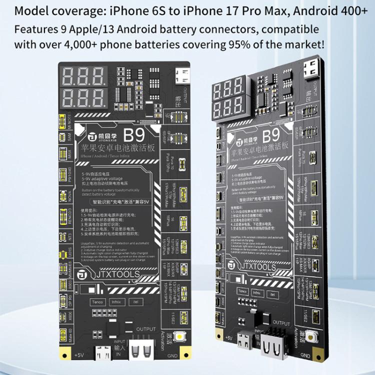 Scheda di attivazione per la ricarica della batteria JTX B9 5-9V per iPhone 6S-17 Pro Max (senza 16e) e Android, JTX B9