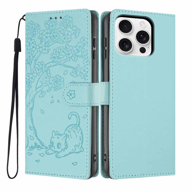 Custodia per telefono in ecopelle con stampa a rilievo di gatto sugli alberi, For iPhone 16 Pro, For iPhone 16 Plus, For iPhone 16