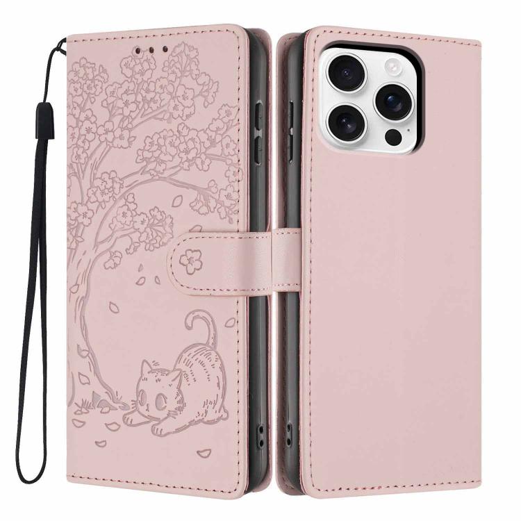 Custodia per telefono in ecopelle con stampa a rilievo di gatto sugli alberi, For iPhone 16 Pro, For iPhone 16 Plus, For iPhone 16