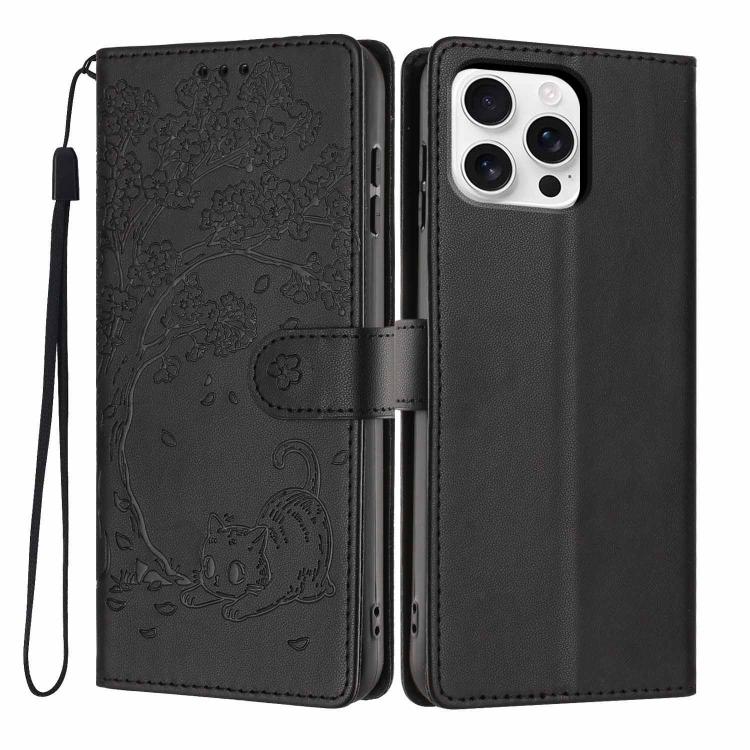 Custodia per telefono in ecopelle con stampa a rilievo di gatto sugli alberi, For iPhone 16 Pro, For iPhone 16 Plus, For iPhone 16