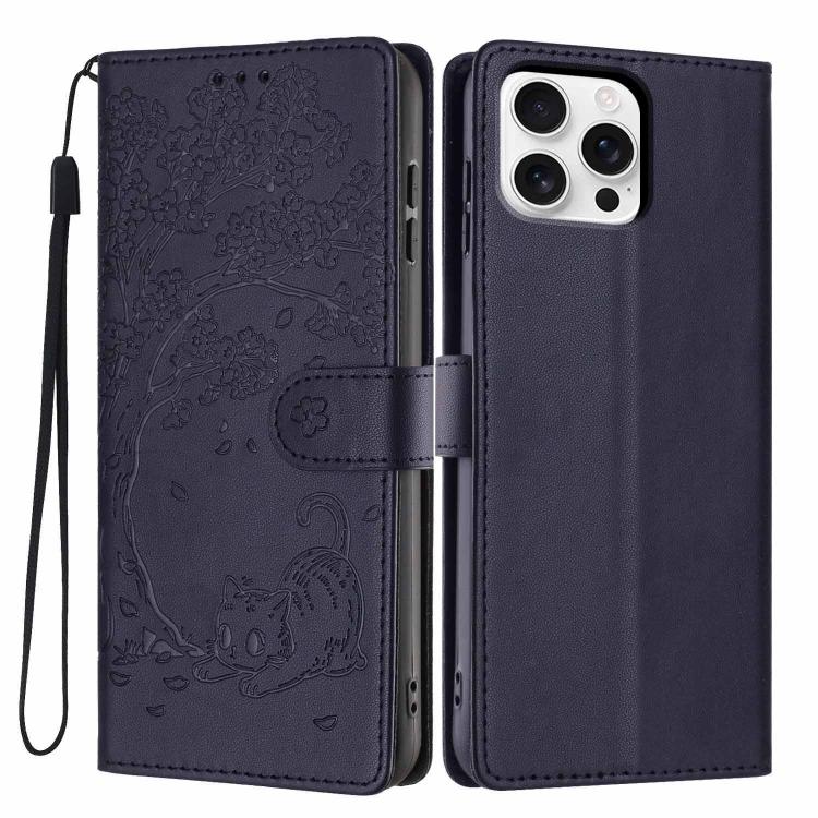 Custodia per telefono in ecopelle con stampa a rilievo di gatto sugli alberi, For iPhone 16 Pro, For iPhone 16 Plus, For iPhone 16