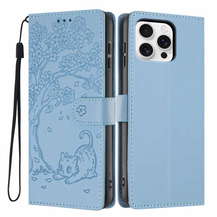 Custodia per telefono in ecopelle con stampa a rilievo di gatto sugli alberi, For iPhone 16 Pro, For iPhone 16 Plus, For iPhone 16