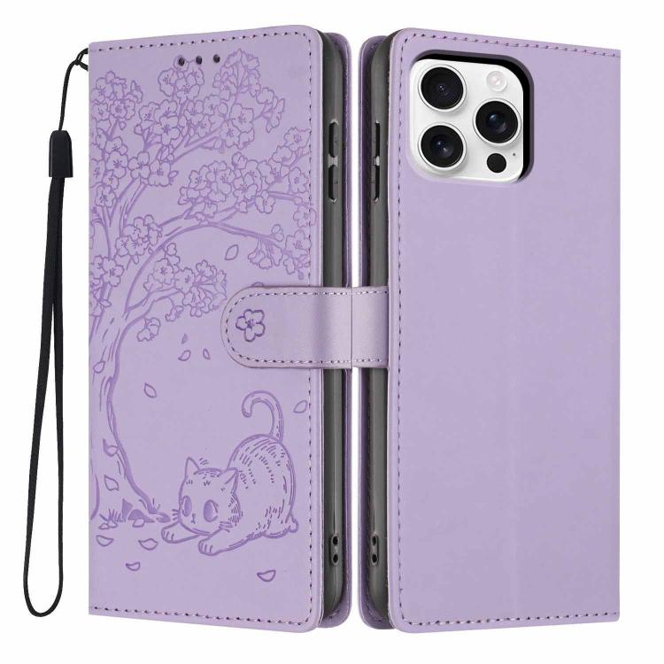 Custodia per telefono in ecopelle con stampa a rilievo di gatto sugli alberi, For iPhone 16 Pro, For iPhone 16 Plus, For iPhone 16
