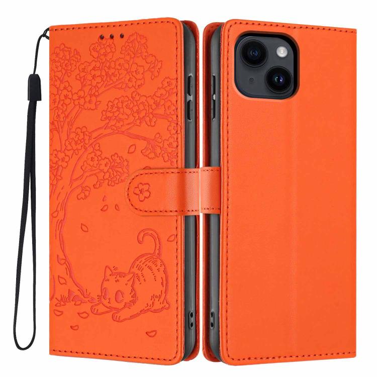 Custodia per telefono in ecopelle con stampa a rilievo di gatto sugli alberi, For iPhone 15, For iPhone 14 Plus, For iPhone 14