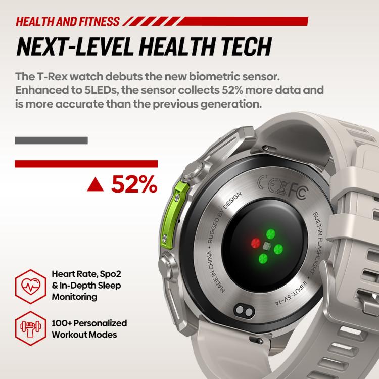 Smartwatch T-Rex rugged con display AMOLED da 1,43 pollici e torcia integrata.