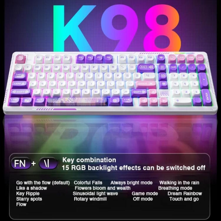 LINGBAO K98 101 Keys Triple-mode Wireless Game Keyboard, Black Pink-Flower Field Axis, Black Red-Red Rabbit Axis, White-Glazed Tile Axis, Blackberry Powder-Red Rabbit Axis Pro, Blackberry Powder-Glazed Tile Axis, White Purple-Flower Field Axis         ...