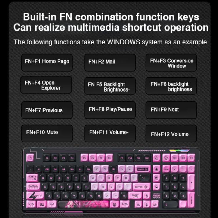 LINGBAO K98 101 Keys Triple-mode Wireless Game Keyboard, Black Pink-Flower Field Axis, Black Red-Red Rabbit Axis, White-Glazed Tile Axis, Blackberry Powder-Red Rabbit Axis Pro, Blackberry Powder-Glazed Tile Axis, White Purple-Flower Field Axis         ...
