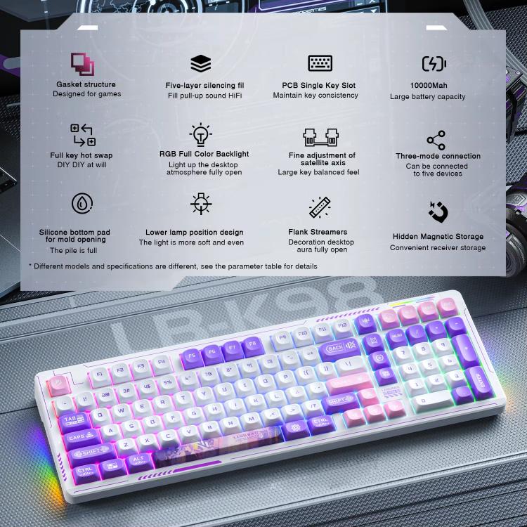 LINGBAO K98 101 Keys Triple-mode Wireless Game Keyboard, Black Pink-Flower Field Axis, Black Red-Red Rabbit Axis, White-Glazed Tile Axis, Blackberry Powder-Red Rabbit Axis Pro, Blackberry Powder-Glazed Tile Axis, White Purple-Flower Field Axis         ...