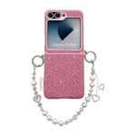 Custodia per telefono con cinturino da polso e ganci metallici su entrambi i lati, con motivo a pizzo in rilievo., For Samsung Galaxy Z Flip6/7 FE, For Samsung Galaxy Z Flip7 5G, For Samsung Galaxy Z Flip5