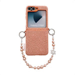 Custodia per telefono con cinturino da polso e ganci metallici su entrambi i lati, con motivo a pizzo in rilievo., For Samsung Galaxy Z Flip6/7 FE, For Samsung Galaxy Z Flip7 5G, For Samsung Galaxy Z Flip5
