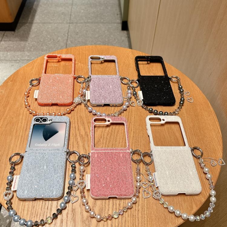 Custodia per telefono con cinturino da polso e ganci metallici su entrambi i lati, con motivo a pizzo in rilievo., For Samsung Galaxy Z Flip6/7 FE, For Samsung Galaxy Z Flip7 5G, For Samsung Galaxy Z Flip5