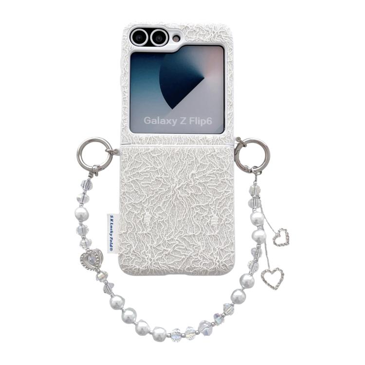 Custodia per telefono con cinturino da polso e ganci metallici su entrambi i lati, con motivo a pizzo in rilievo., For Samsung Galaxy Z Flip6/7 FE, For Samsung Galaxy Z Flip7 5G, For Samsung Galaxy Z Flip5