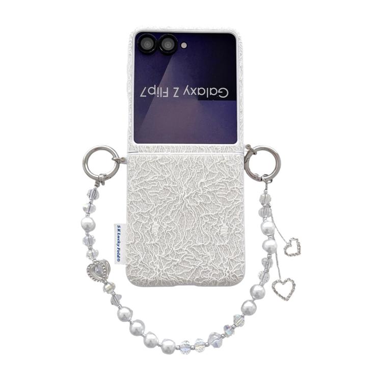 Custodia per telefono con cinturino da polso e ganci metallici su entrambi i lati, con motivo a pizzo in rilievo., For Samsung Galaxy Z Flip6/7 FE, For Samsung Galaxy Z Flip7 5G, For Samsung Galaxy Z Flip5