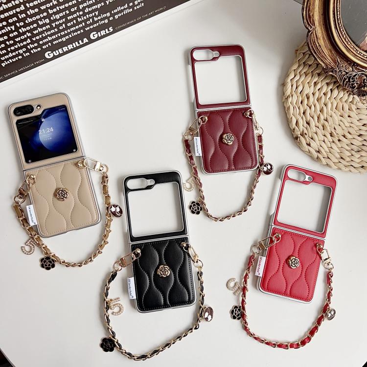 Custodia per telefono con cinturino da polso e motivo 3D a camelia, modello piumino., For Samsung Galaxy Z Flip6/7 FE, For Samsung Galaxy Z Fold7 5G, For Samsung Galaxy Z Flip7 5G, For Samsung Galaxy Z Flip5