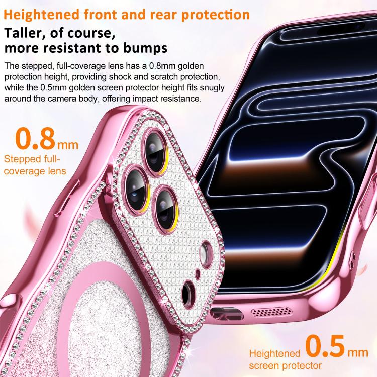 Custodia per telefono magnetica in TPU con glitter e cornice ondulata a forma di stella e diamante elettroplaccato., For iPhone 17 Pro Max, For iPhone 17 Pro, For iPhone 17, For iPhone 16 Pro Max