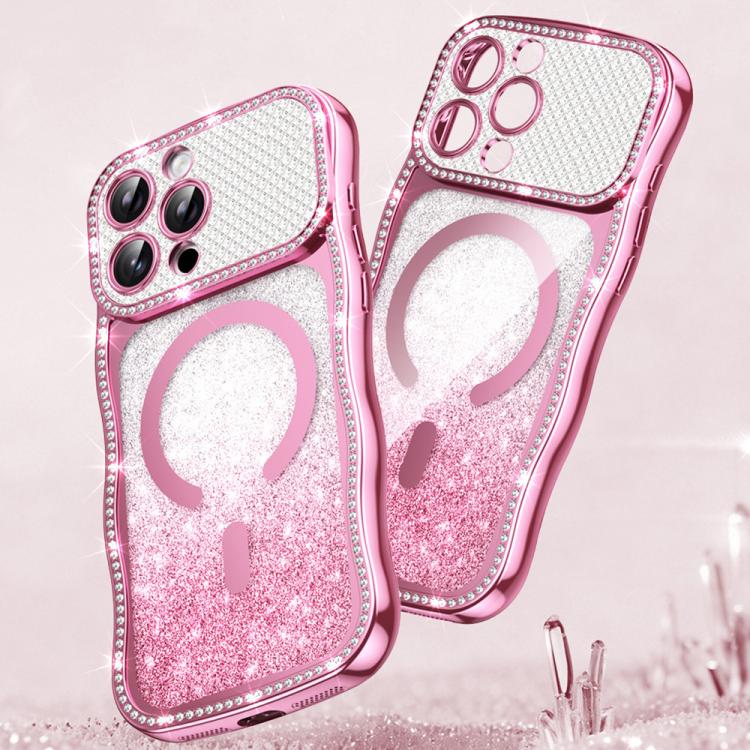 Custodia per telefono magnetica in TPU con glitter e cornice ondulata a forma di stella e diamante elettroplaccato., For iPhone 16 Pro, For iPhone 16