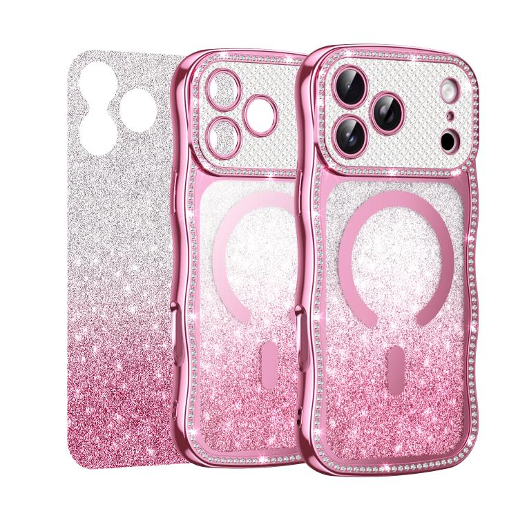 Custodia per telefono magnetica in TPU con glitter e cornice ondulata a forma di stella e diamante elettroplaccato., For iPhone 16 Pro, For iPhone 16
