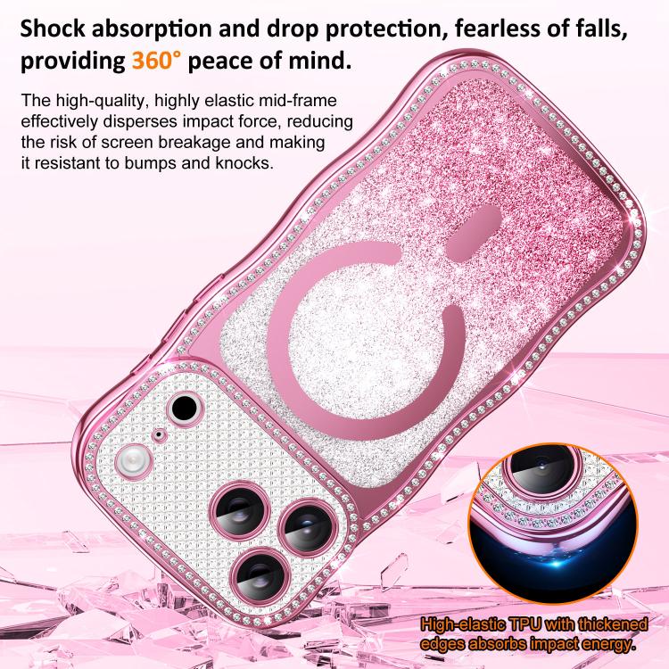 Custodia per telefono magnetica in TPU con glitter e cornice ondulata a forma di stella e diamante elettroplaccato., For iPhone 16 Pro, For iPhone 16