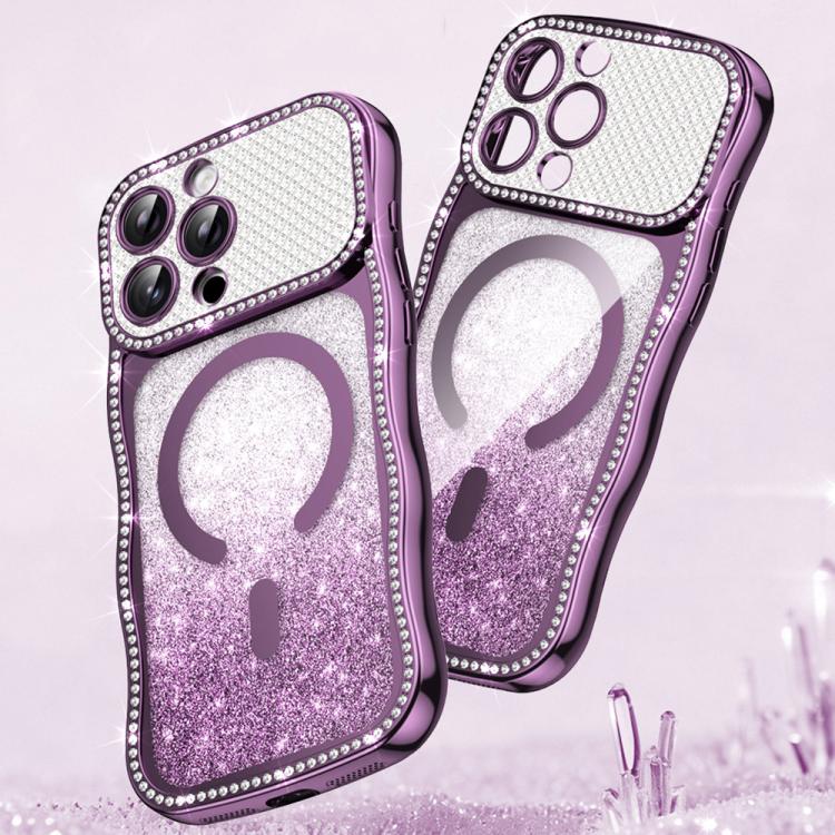 Custodia per telefono magnetica in TPU con glitter e cornice ondulata a forma di stella e diamante elettroplaccato., For iPhone 16 Pro, For iPhone 16