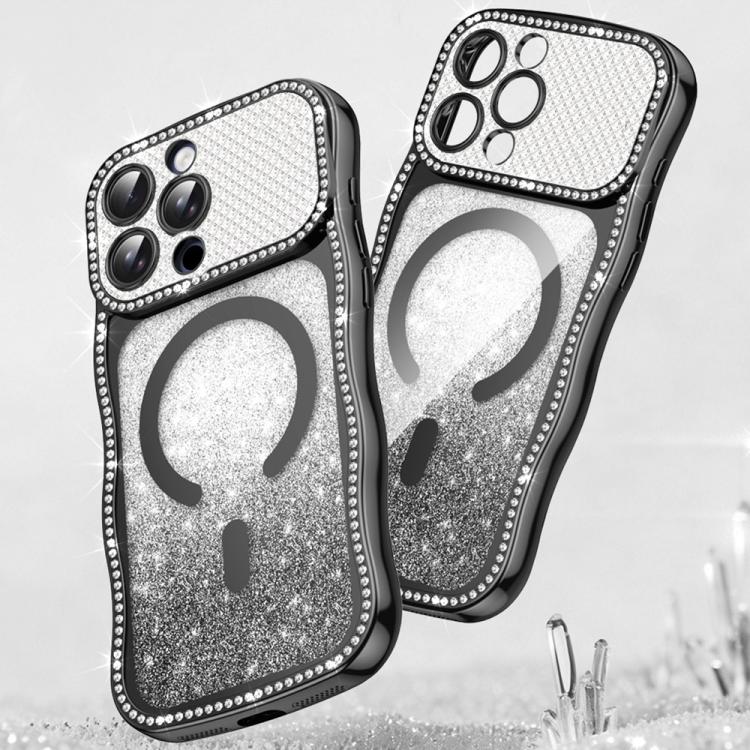 Custodia per telefono magnetica in TPU con glitter e cornice ondulata a forma di stella e diamante elettroplaccato., For iPhone 16 Pro, For iPhone 16