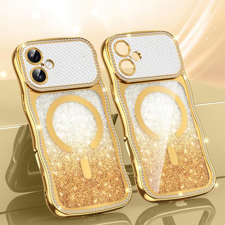Custodia per telefono magnetica in TPU con glitter e cornice ondulata a forma di stella e diamante elettroplaccato., For iPhone 16 Pro, For iPhone 16