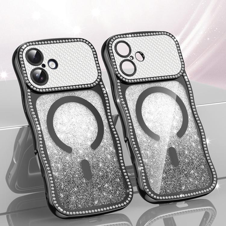Custodia per telefono magnetica in TPU con glitter e cornice ondulata a forma di stella e diamante elettroplaccato., For iPhone 16 Pro, For iPhone 16