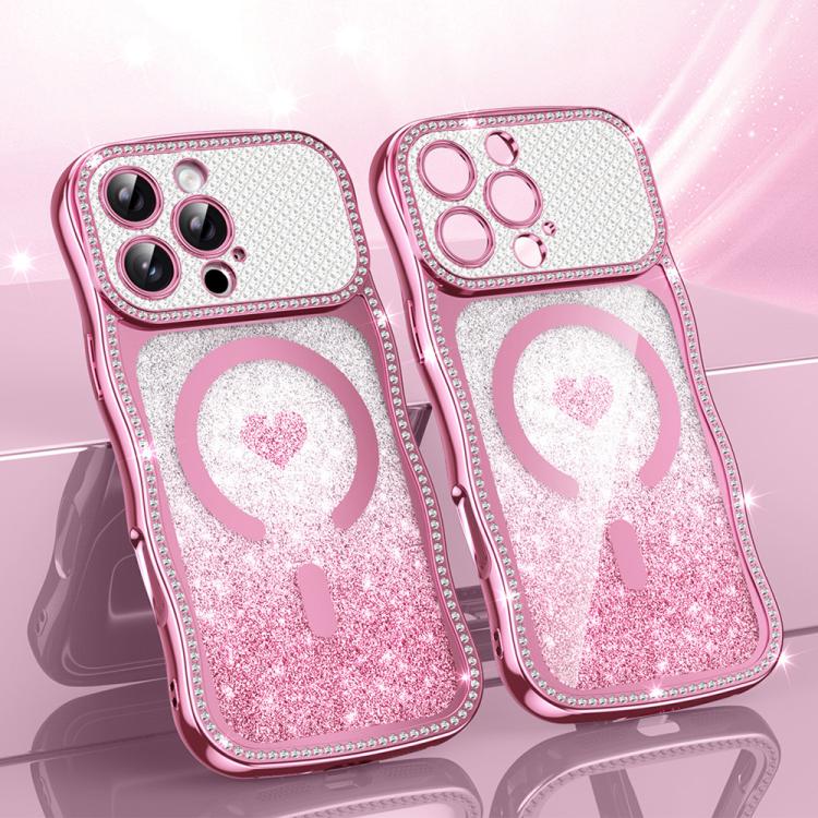 Custodia per telefono magnetica con cornice ondulata a forma di stella, diamante, galvanizzato, TPU, glitter e cuore., For iPhone 16 Pro, For iPhone 16