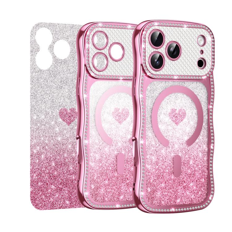 Custodia per telefono magnetica con cornice ondulata a forma di stella, diamante, galvanizzato, TPU, glitter e cuore., For iPhone 16 Pro, For iPhone 16