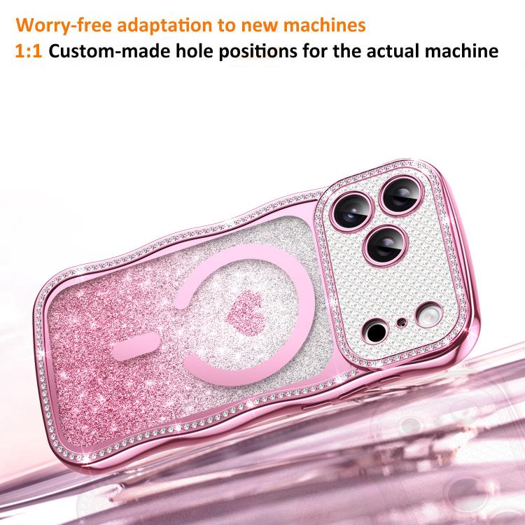 Custodia per telefono magnetica con cornice ondulata a forma di stella, diamante, galvanizzato, TPU, glitter e cuore., For iPhone 16 Pro, For iPhone 16