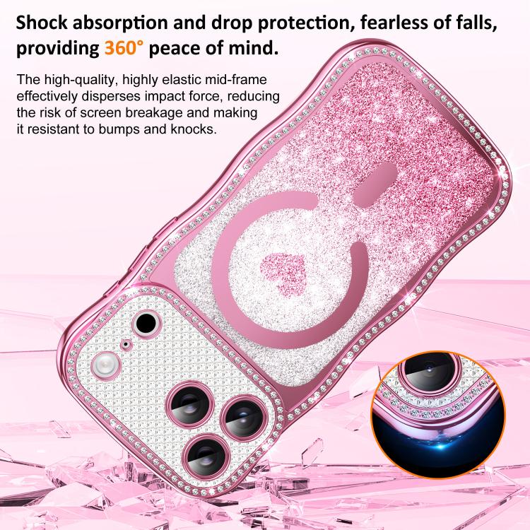 Custodia per telefono magnetica con cornice ondulata a forma di stella, diamante, galvanizzato, TPU, glitter e cuore., For iPhone 16 Pro, For iPhone 16