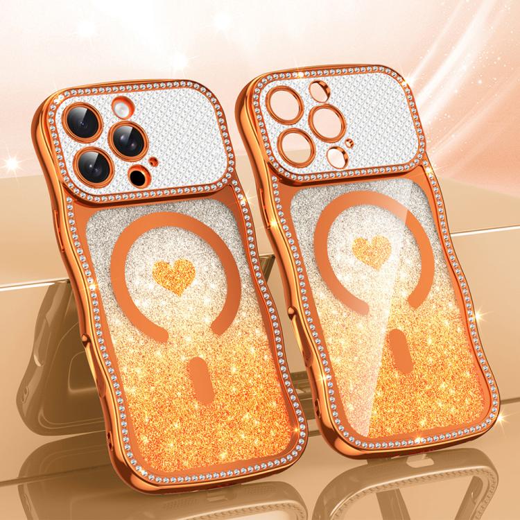 Custodia per telefono magnetica con cornice ondulata a forma di stella, diamante, galvanizzato, TPU, glitter e cuore., For iPhone 16 Pro, For iPhone 16