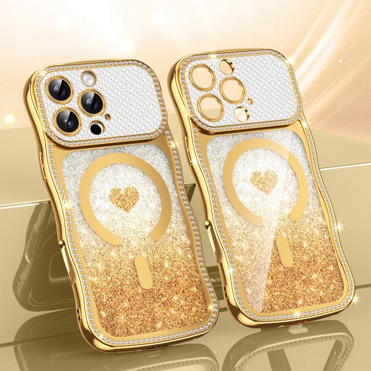 Custodia per telefono magnetica con cornice ondulata a forma di stella, diamante, galvanizzato, TPU, glitter e cuore., For iPhone 16 Pro, For iPhone 16
