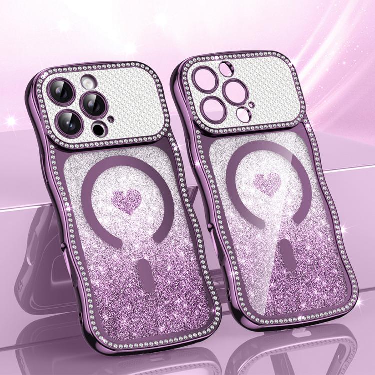 Custodia per telefono magnetica con cornice ondulata a forma di stella, diamante, galvanizzato, TPU, glitter e cuore., For iPhone 16 Pro, For iPhone 16