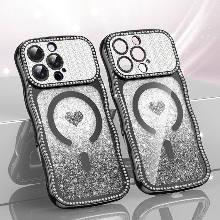 Custodia per telefono magnetica con cornice ondulata a forma di stella, diamante, galvanizzato, TPU, glitter e cuore., For iPhone 16 Pro, For iPhone 16
