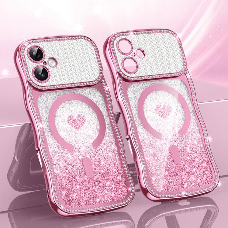 Custodia per telefono magnetica con cornice ondulata a forma di stella, diamante, galvanizzato, TPU, glitter e cuore., For iPhone 16 Pro, For iPhone 16