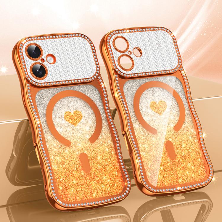 Custodia per telefono magnetica con cornice ondulata a forma di stella, diamante, galvanizzato, TPU, glitter e cuore., For iPhone 16 Pro, For iPhone 16