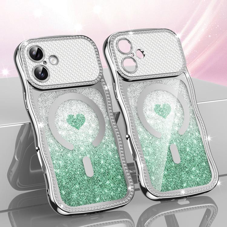 Custodia per telefono magnetica con cornice ondulata a forma di stella, diamante, galvanizzato, TPU, glitter e cuore., For iPhone 16 Pro, For iPhone 16