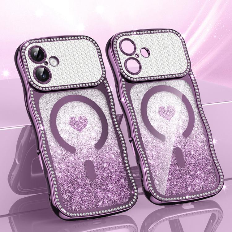 Custodia per telefono magnetica con cornice ondulata a forma di stella, diamante, galvanizzato, TPU, glitter e cuore., For iPhone 16 Pro, For iPhone 16