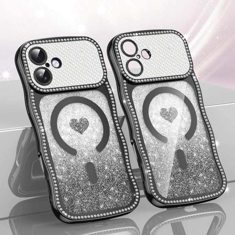 Custodia per telefono magnetica con cornice ondulata a forma di stella, diamante, galvanizzato, TPU, glitter e cuore., For iPhone 16 Pro, For iPhone 16