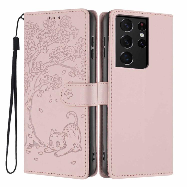 Custodia per telefono in ecopelle con stampa a rilievo di gatto sugli alberi, For Samsung Galaxy S21 5G, For Samsung Galaxy S21+ 5G, For Samsung Galaxy S21 Ultra 5G