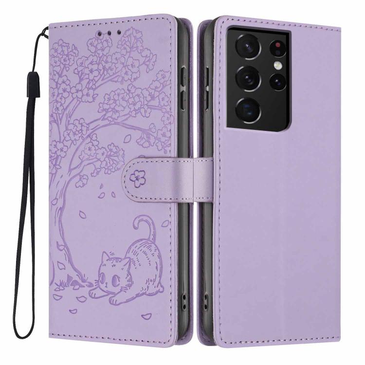 Custodia per telefono in ecopelle con stampa a rilievo di gatto sugli alberi, For Samsung Galaxy S21 5G, For Samsung Galaxy S21+ 5G, For Samsung Galaxy S21 Ultra 5G