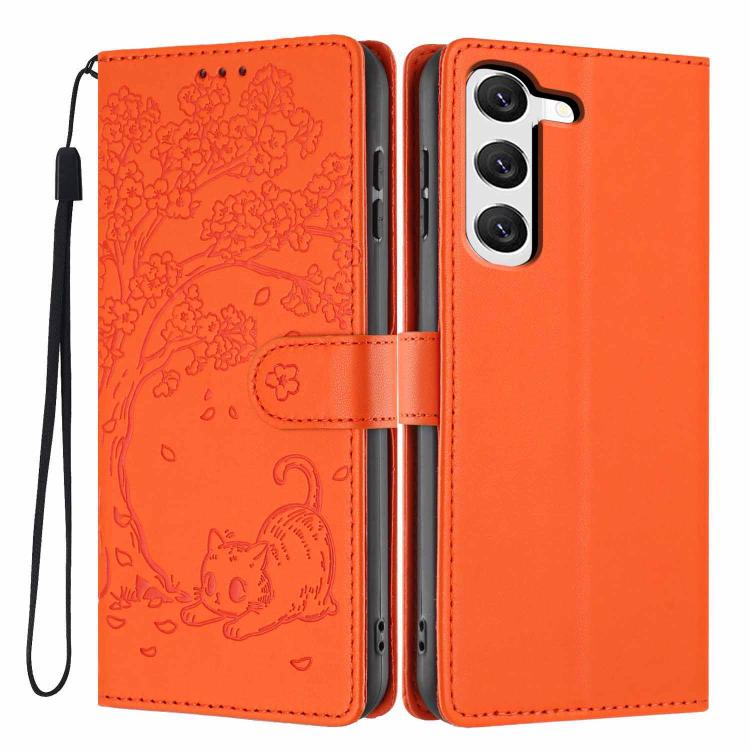 Custodia per telefono in ecopelle con stampa a rilievo di gatto sugli alberi, For Samsung Galaxy S23 FE 5G, For Samsung Galaxy S23 Ultra 5G, For Samsung Galaxy S23+ 5G